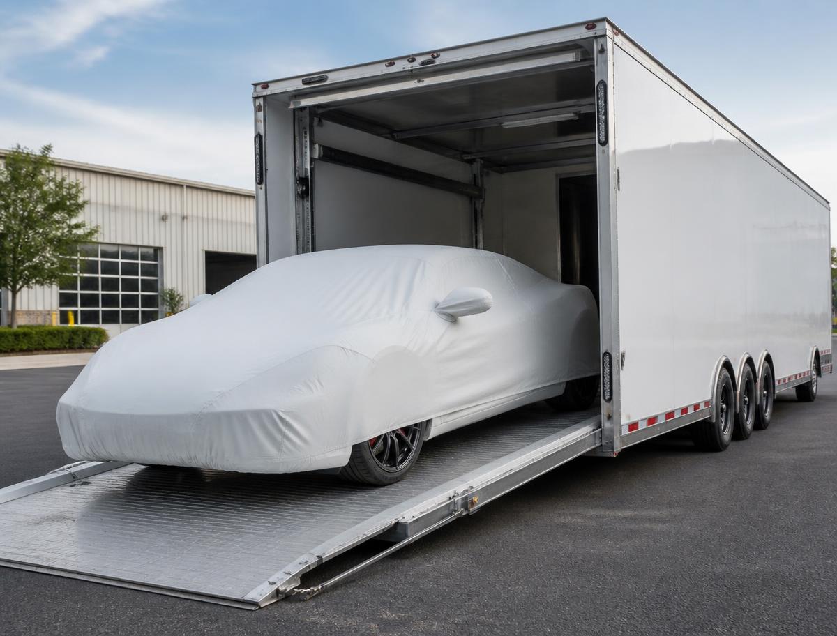 Covered vehicle loaded into an enclosed transport trailer